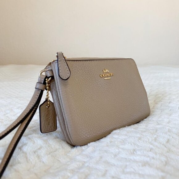 Coach with COA  Double Corner Zip Wristlet Leather Card Wallet Taupe - Picture 1 of 9